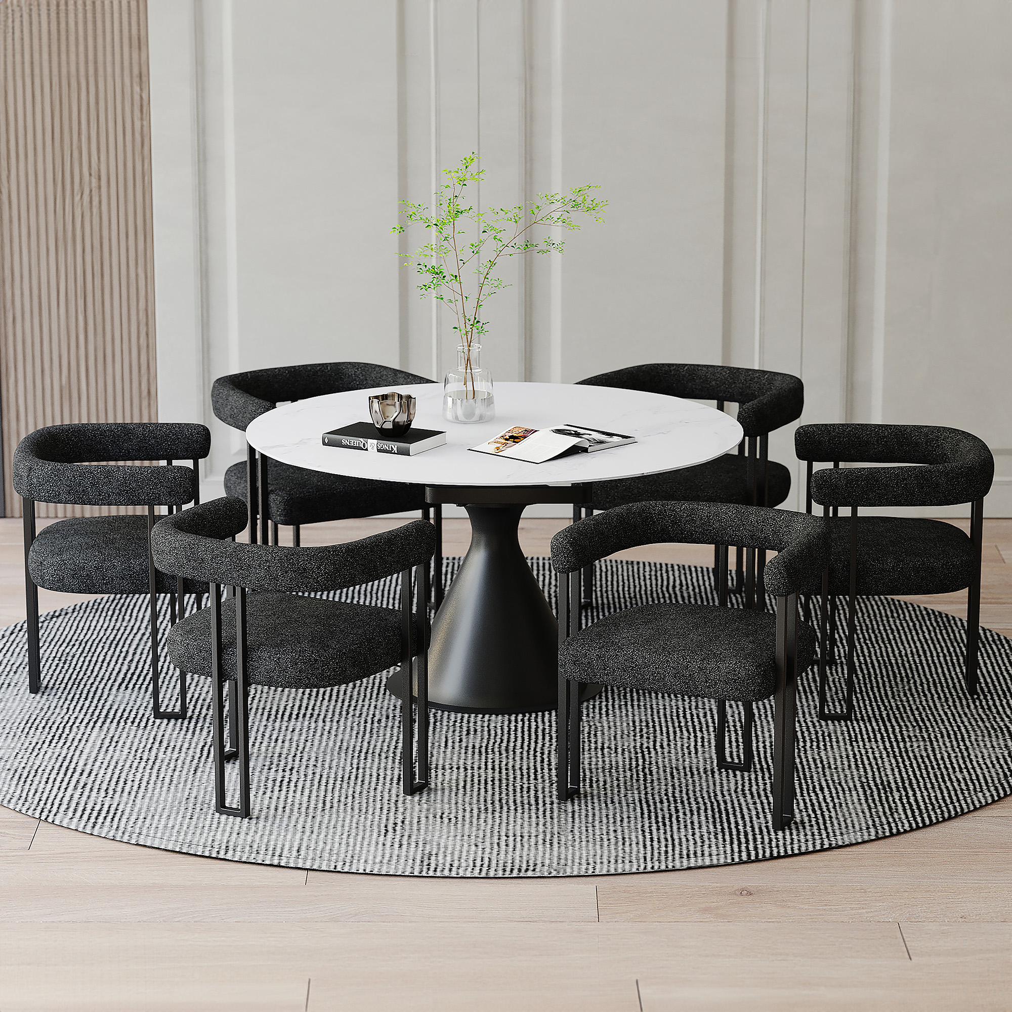 Calisto and Scarlet 7pc Dining Set - White Table and Charcoal Chairs