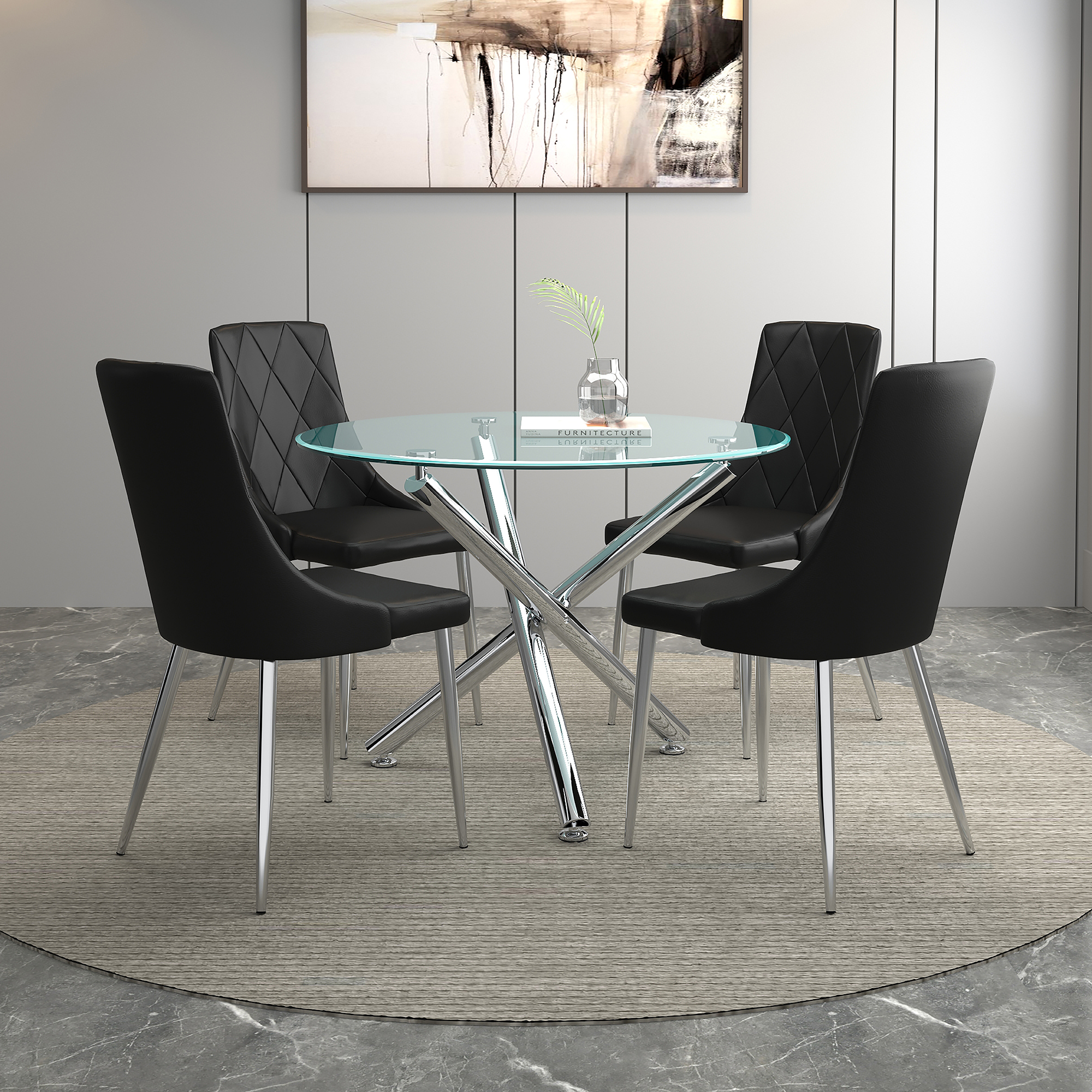 Solara and Devo 5pc Dining Set - Chrome Table and Black Chairs