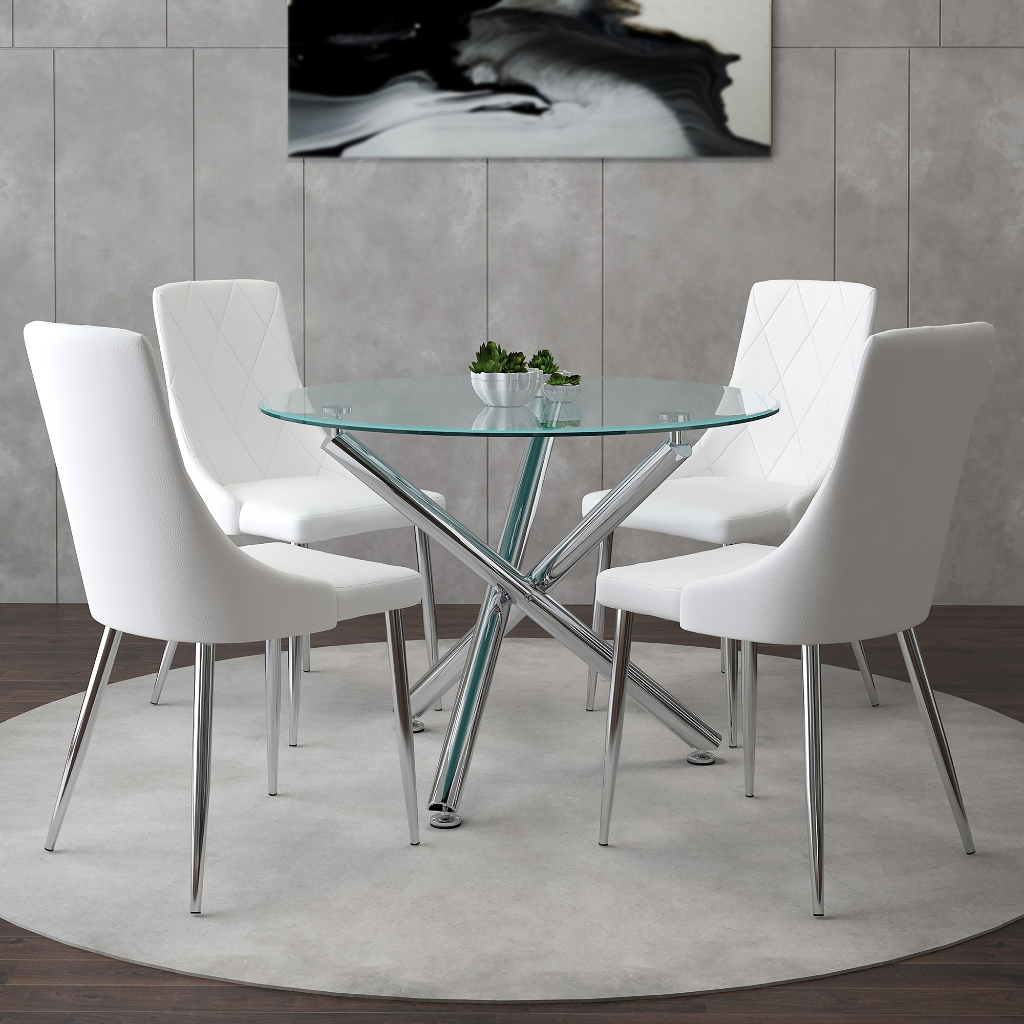 Solara and Devo 5pc Dining Set - Chrome Table and White Chairs