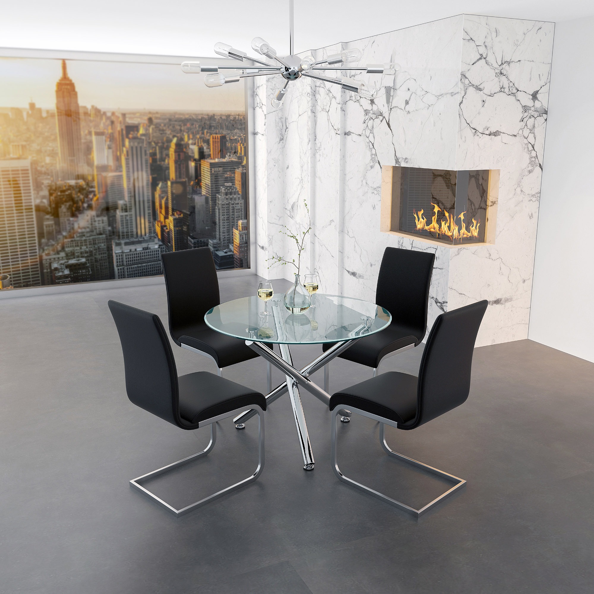 Solara and Maxim 5pc Dining Set - Chrome Table and Black Chairs