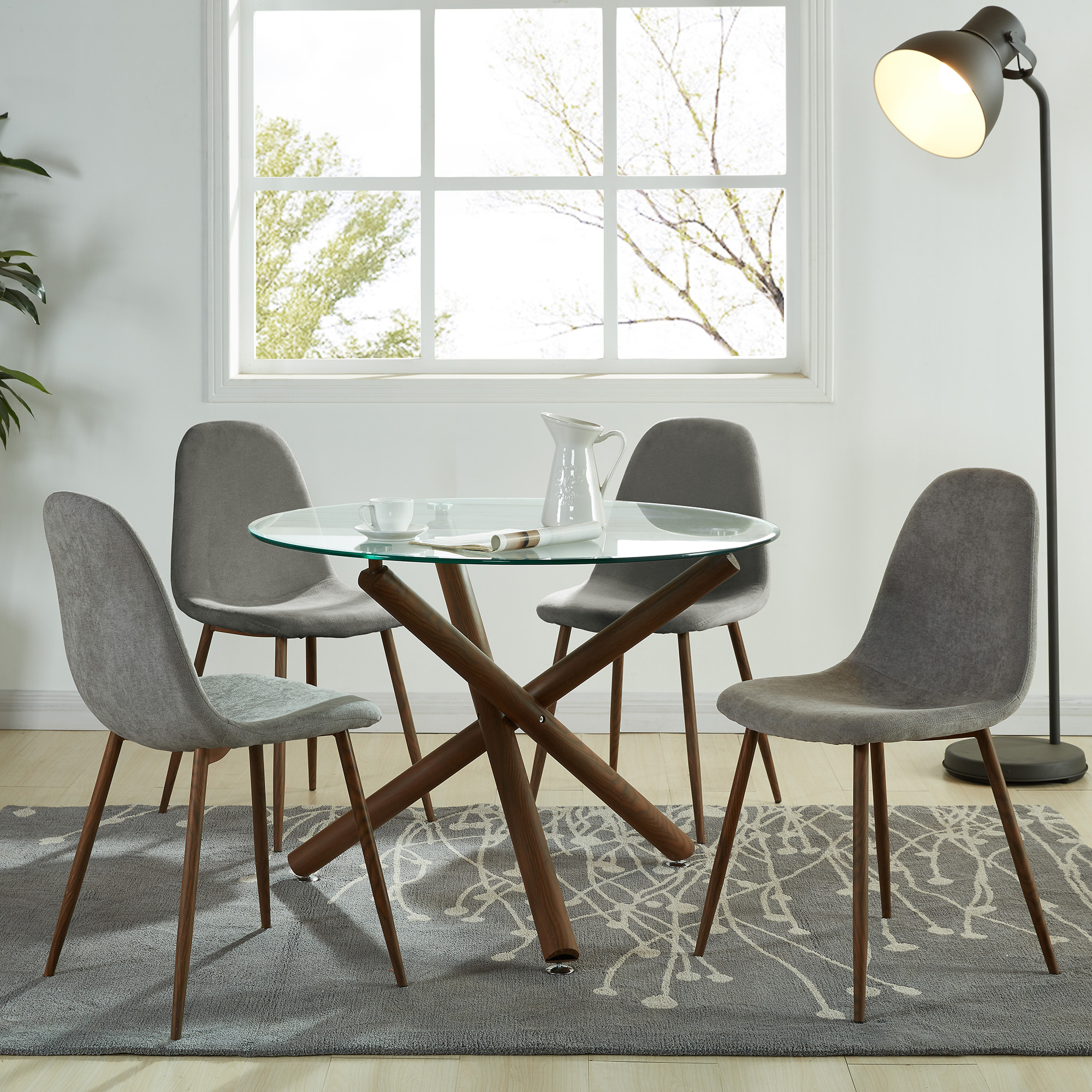 Rocca and Lyna 5pc Dining Set - Walnut Table and Grey Chairs