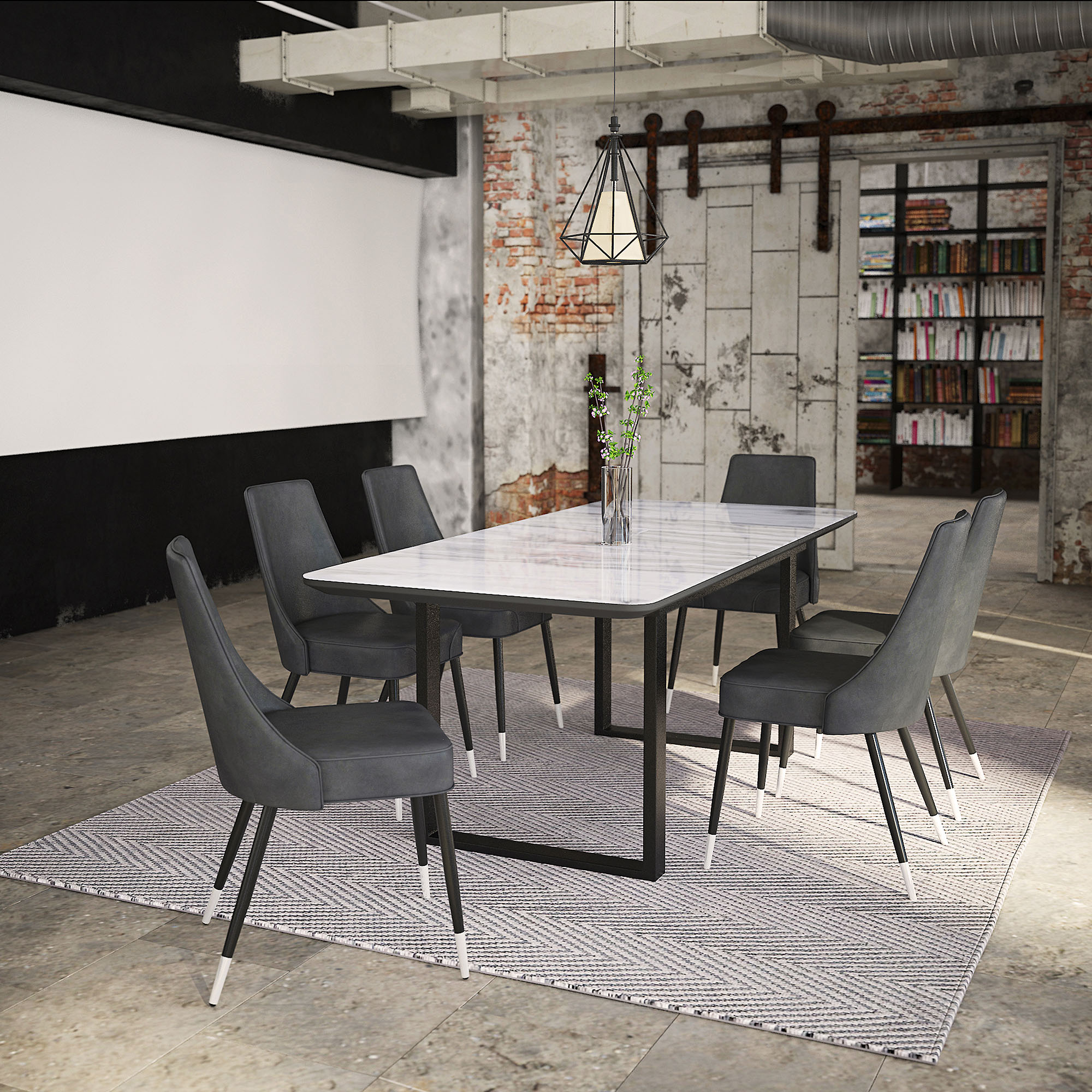 Gavin and Silvano 7pc Dining Set - Black Table and Vintage Grey Chairs