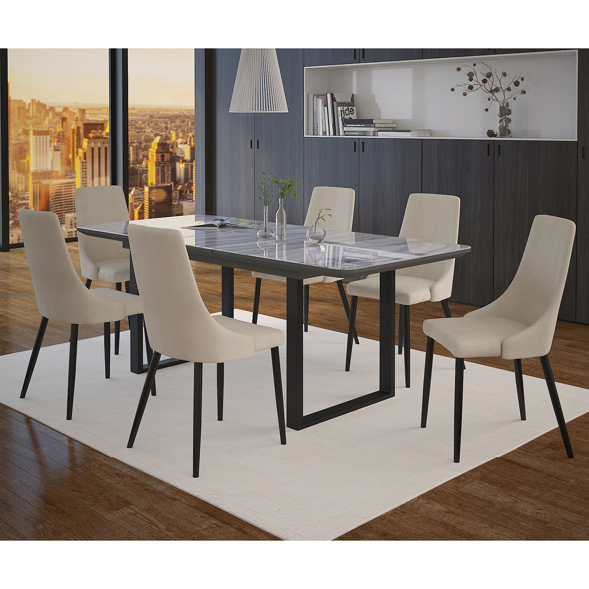 Gavin and Venice 7pc Dining Set - Black Table and Beige Chairs
