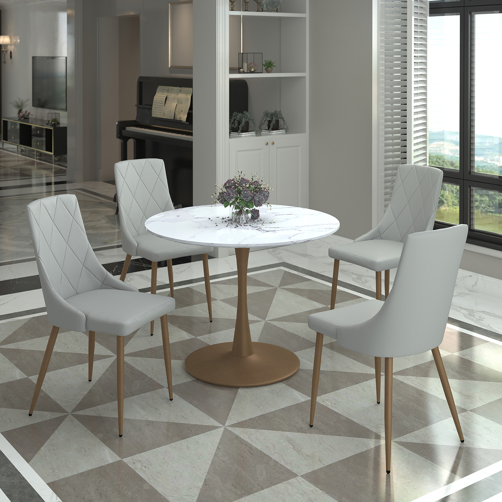 Zilo and Antoine 5pc Dining Set - White and Aged Gold Table and Grey Chairs