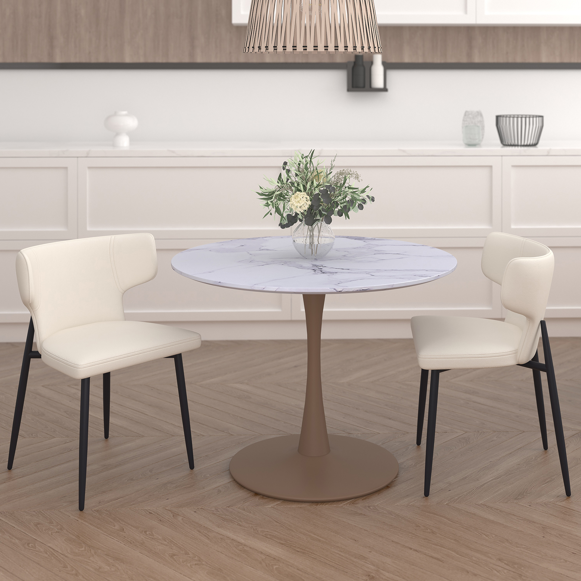 Zilo and Olis 3pc Dining Set - White and Aged Gold Table and Beige Chairs