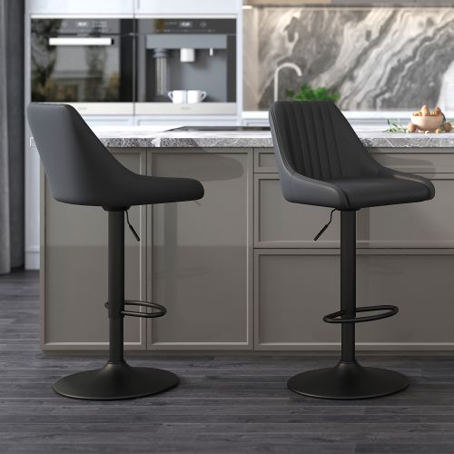 Kron Air-Lift Stool, Set of 2 in Black PU and Black