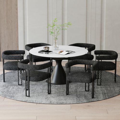 Calisto and Scarlet 7pc Dining Set - White Table and Charcoal Chairs
