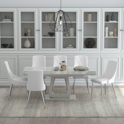 Corvus and Devo 7pc Dining Set - Warm Grey Table and White Chairs
