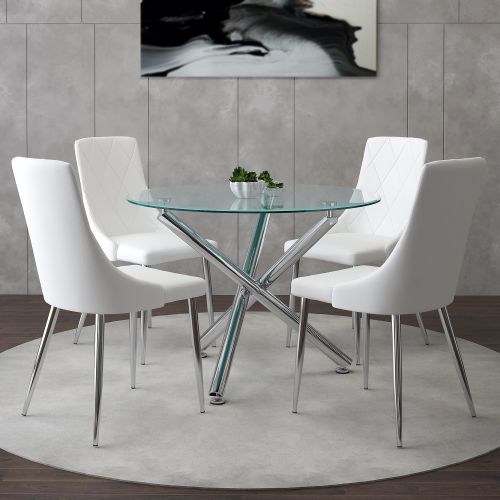 Solara and Devo 5pc Dining Set - Chrome Table and White Chairs