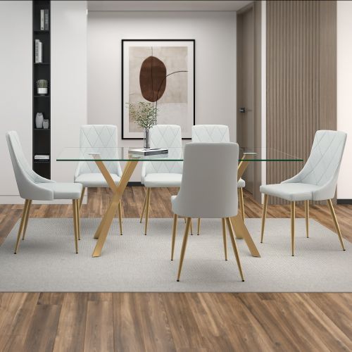Stark and Antoine 7pc Dining Set - Aged Gold Table and Light Grey Chairs