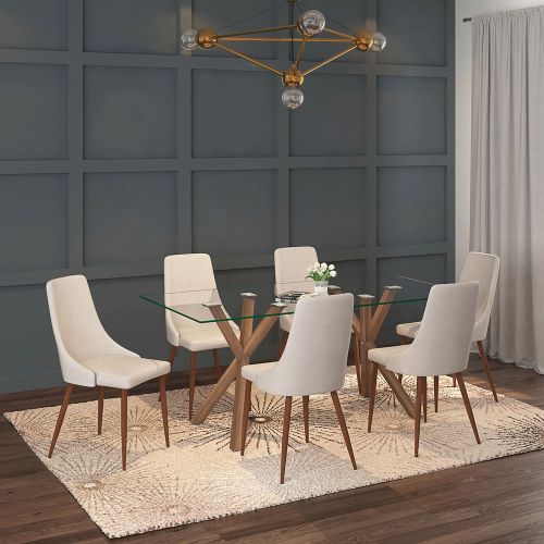 Stark and Cora 7pc Dining Set - Walnut Table and Beige Chairs