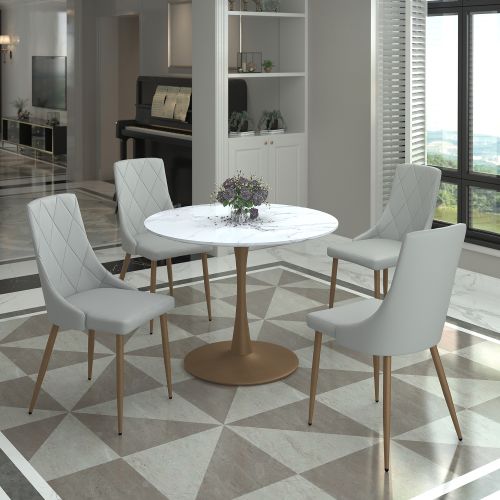 Zilo and Antoine 5pc Dining Set - White and Aged Gold Table and Grey Chairs