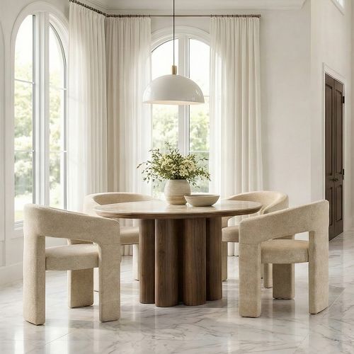 Seaton and Amara 5pc Dining Set - Walnut and Travertine Table and Beige Chairs