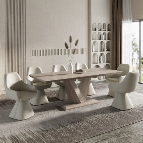 Eclipse and Caprese 7pc Dining Set - Washed Oak Table and Beige Chairs
