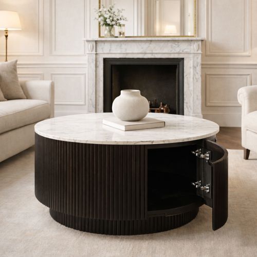 Reyna Round Coffee Table with Storage in Black and White
