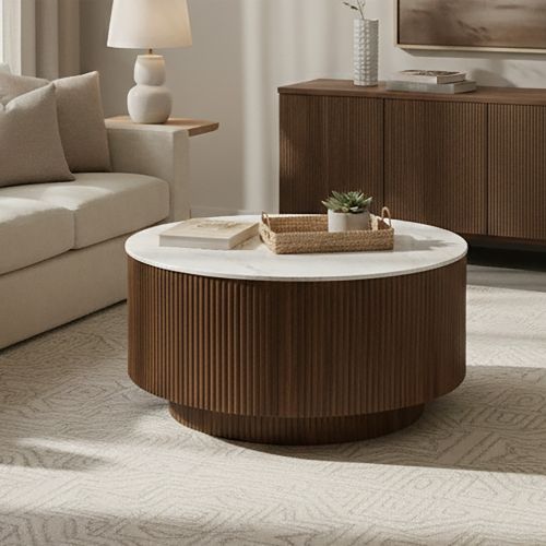 Reyna Round Coffee Table with Storage in Walnut and White