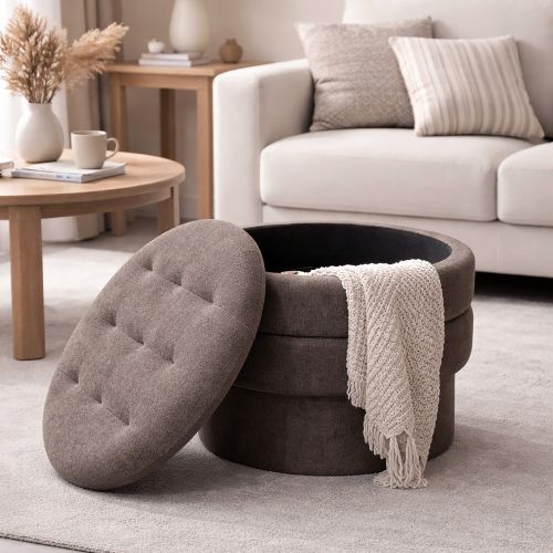 Kepler Round Storage Ottoman in Warm Charcoal