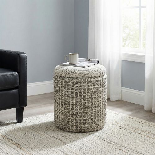 Indigo Round Storage Ottoman in Beige Charcoal