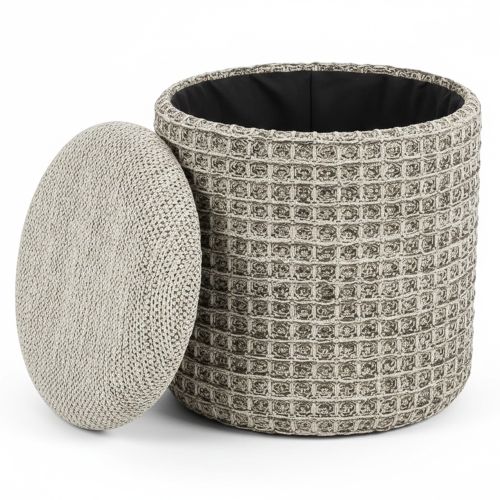 Indigo Round Storage Ottoman in Beige Charcoal