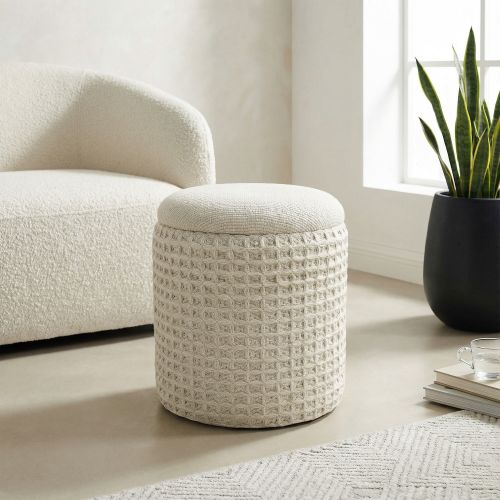 Indigo Round Storage Ottoman in Ivory