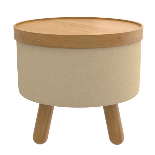 Betsy Round Storage Ottoman with Tray in Beige and Natural
