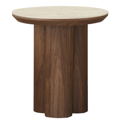 Seaton Round Accent Table in Walnut and Travertine