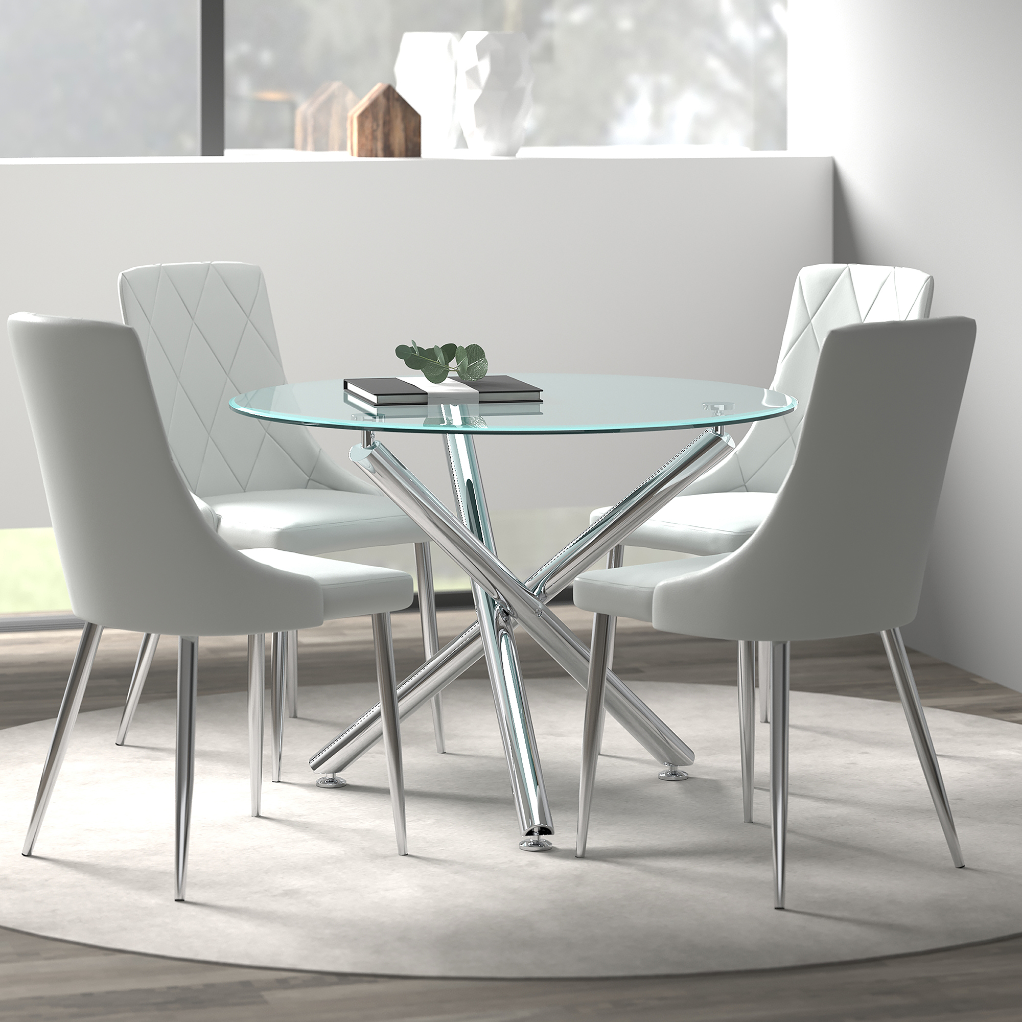 Solara and Devo 5pc Dining Set - Chrome Table and Grey Chairs