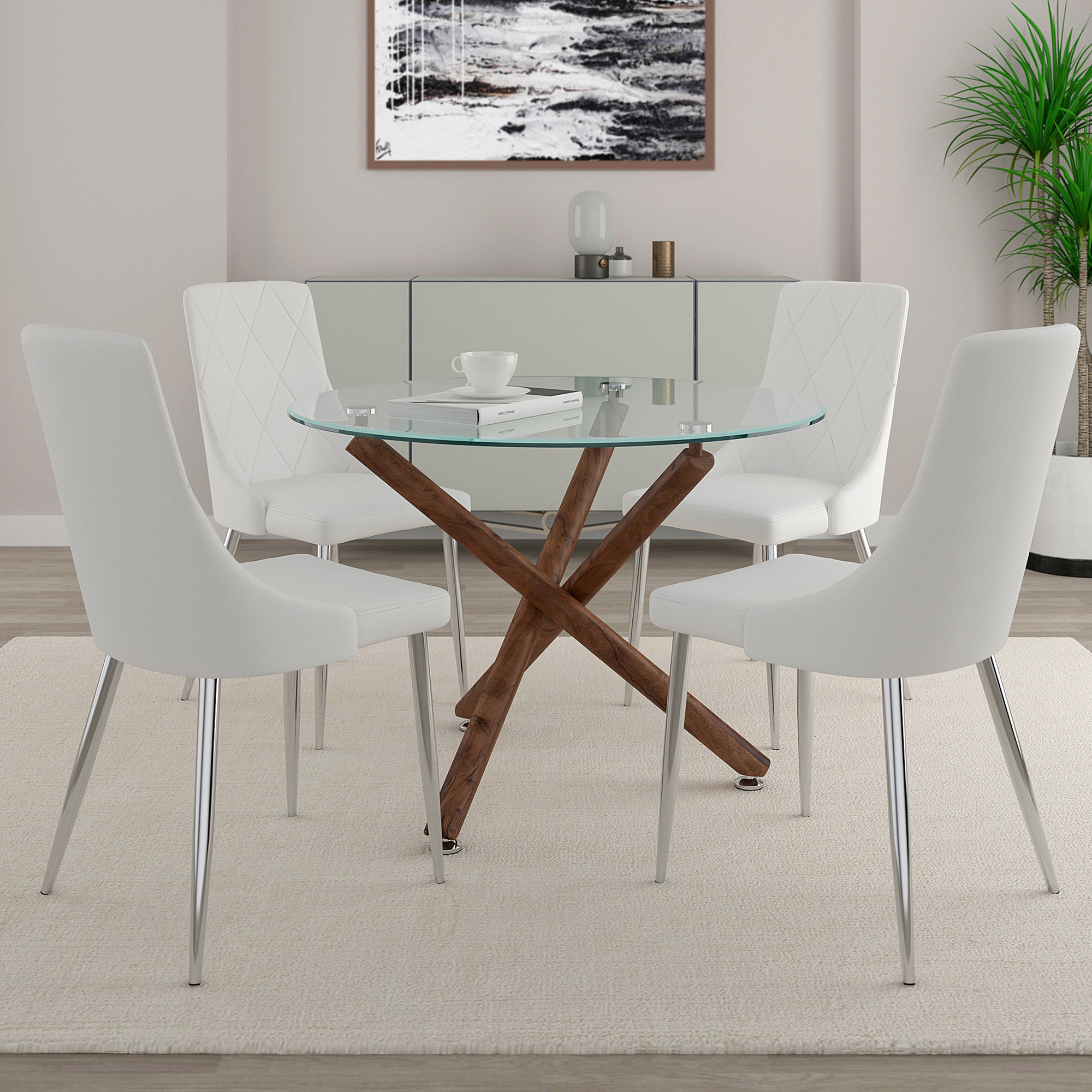 Rocca and Devo 5pc Dining Set - Walnut Table and White Chairs
