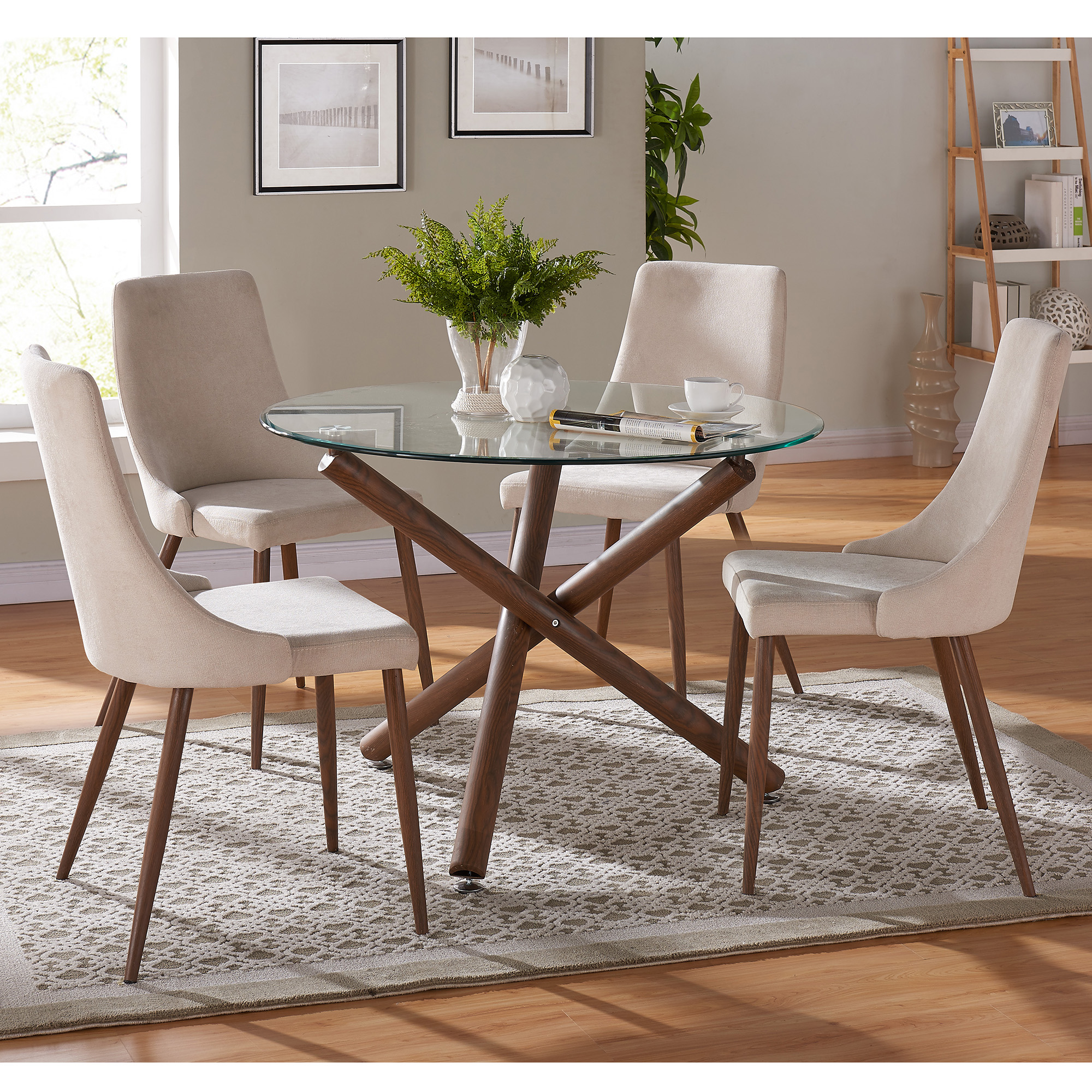 Rocca and Cora 5pc Dining Set - Walnut Table and Beige Chairs