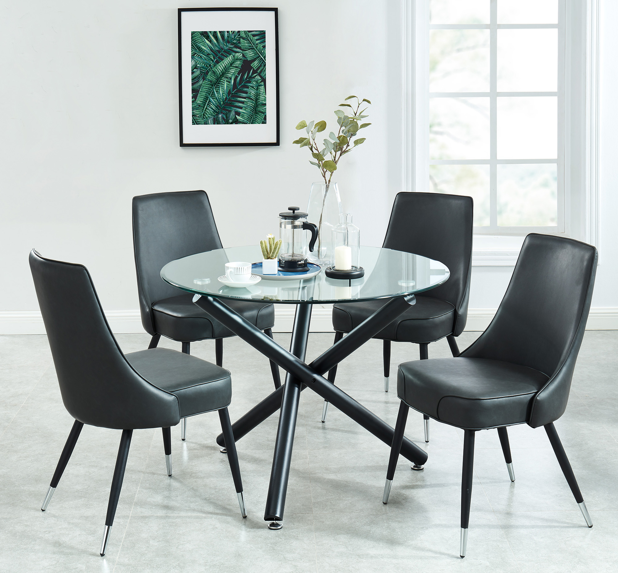Suzette and Silvano 5pc Dining Set - Black Table and Vintage Grey Chairs