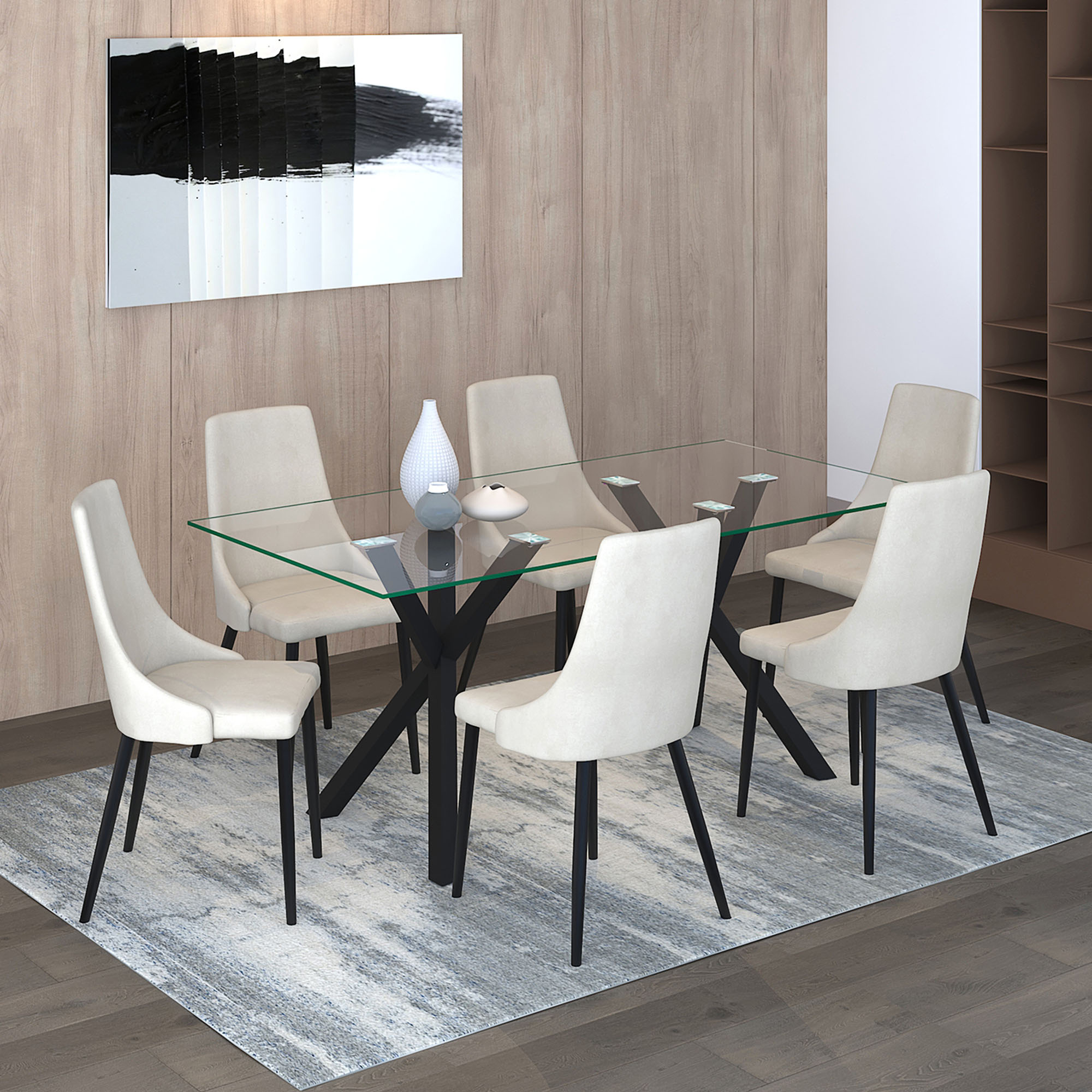 Stark and Venice 7pc Dining Set - Black Table and Beige Chairs