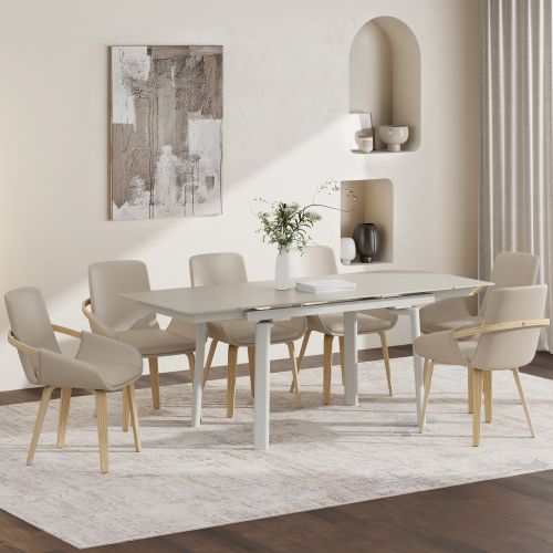 Bellaro and Caspian 7pc Dining Set - Travertine and Cream Table and Sand and Natural Chairs