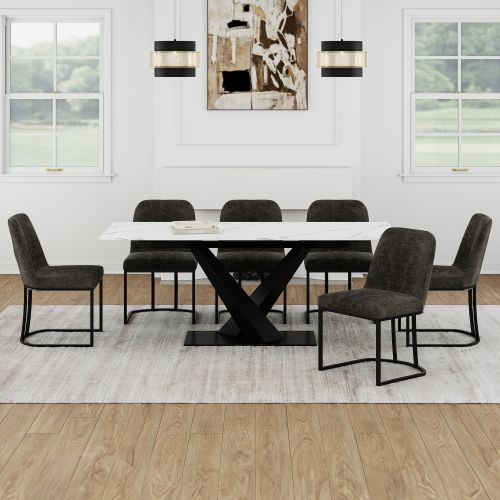 Julius and Dario 7pc Dining Set - White Table and Charcoal Chairs