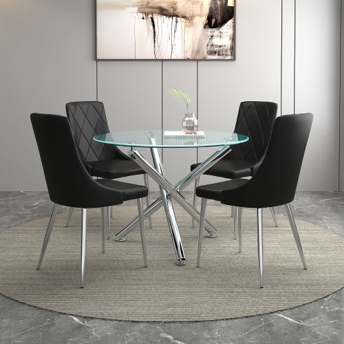 Solara and Devo 5pc Dining Set - Chrome Table and Black Chairs