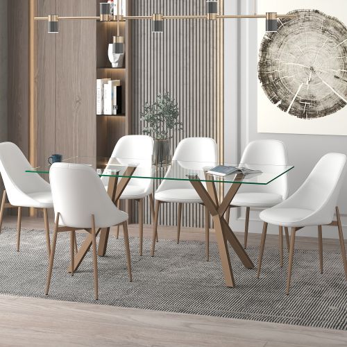 Stark and Cleo 7pc Dining Set - Aged Gold Table and White Chairs