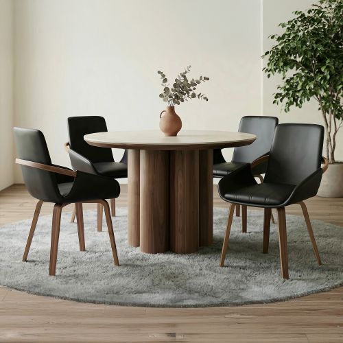 Seaton and Caspian 5pc Dining Set - Walnut and Travertine Table and Black and Walnut Chairs