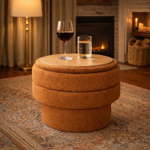 Kepler Round Storage Ottoman in Rust