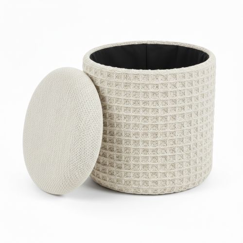 Indigo Round Storage Ottoman in Ivory
