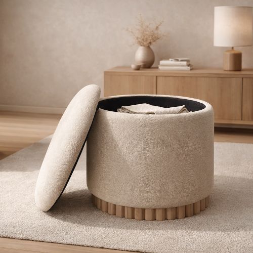 Sadie Round Storage Ottoman in Oat and Natural