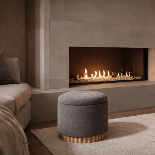 Sadie Round Storage Ottoman in Warm Charcoal and Natural