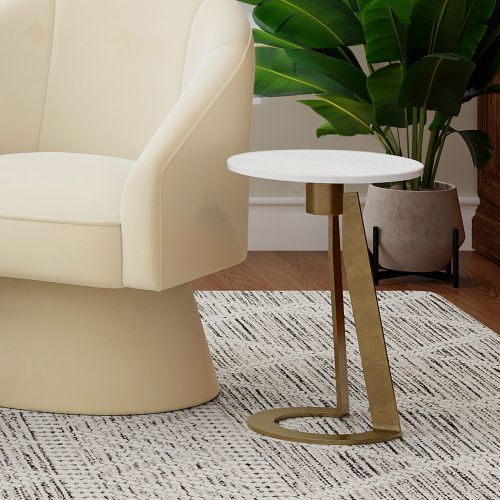 Devas Round Accent Table in White and Aged Brass